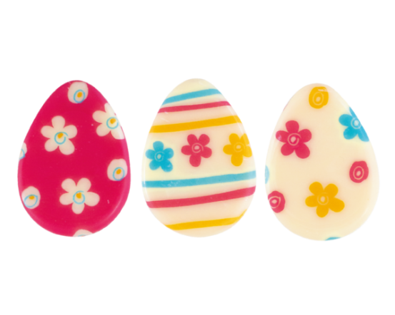 Šokolādes olas, baltas-rosa, 3 motīvi, 35x26 mm, 135 gb